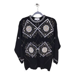 PA International Vintage Women Sweater Med Black  Embroidered bedazzled Holiday